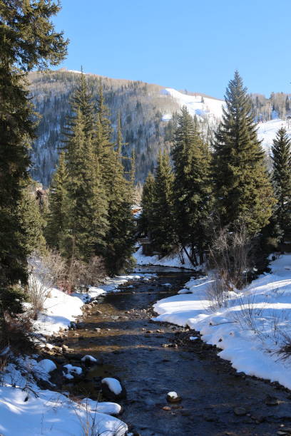 Snowy Gore Creek stream through Vail, Colorado in winter