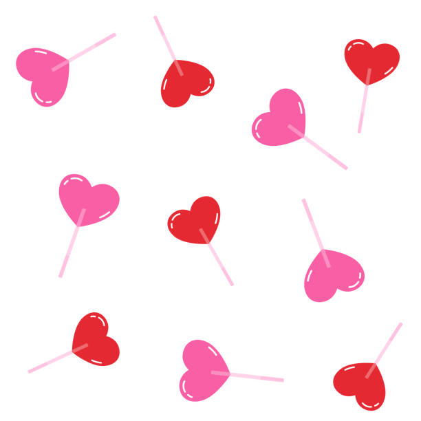 Valentine's day Greeting posters. Sweets molded heart of candies on pink background. Simple hand drawn heart lollipops.