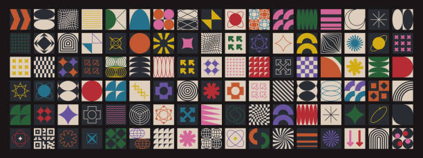 Brutalist Shapes, Geometric Forms. Bauhaus Minimalist Graphic Design Elements. Trendy Y2K Vector Signs.