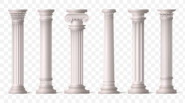 Greek pillars. Roman ancient columns from 3d marble greece temple, antique corinthian sculpture. Classic colonnade with carved white stone. Vector isolated on transparent background illustration