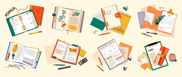 Diary notebook. Book hand note by pen write doodle on school paper page, trendy open notepad. Top view isolated elements. Office or school stationery, daily and weekly organizer. Vector icons Diary notebook. Book hand note by pen write doodle on school paper page, trendy open notepad. Top view isolated elements. Office or school stationery, daily and weekly organizer. Vector design icons weekly planner icon stock illustrations