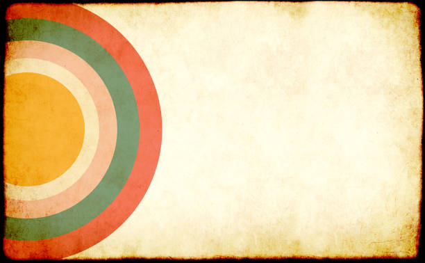 Vintage grunge background with paper texture and circular striped pattern of different colors. Horizontal or vertical retro banner with paper texture. Vintage cardboard backdrop. Copy space for text