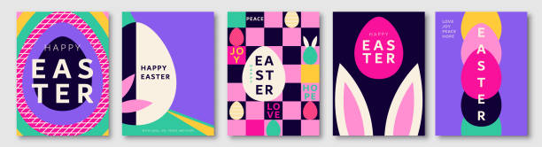 Happy Easter vector background set. Geometric cards, posters in modern minimal style with easter eggs and bunny ears. Creative color fun design for spring holiday.