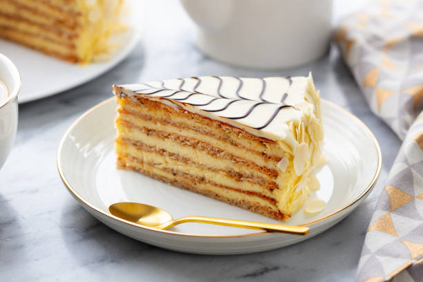 Traditional Hungarian Esterhazy cake, torte. Marble background. Close up.