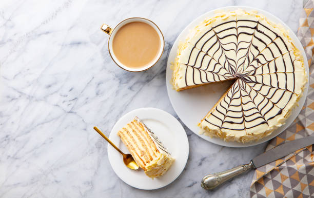 istock Esterhazy cake, torte with cup of coffee. Marble background. Copy space. Top view. 2196969803