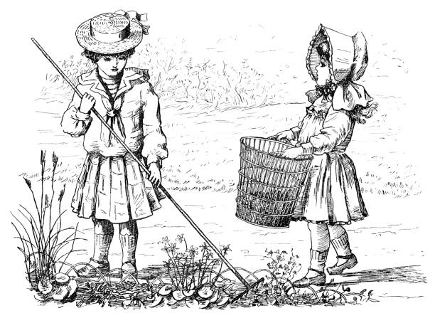 Two little girls working in the garden. Vintage etching circa 19th century.