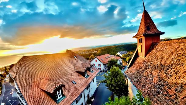 Silhouette of catholic church towers at sunset. Camino de Santiago, camino primitivo near  Lugo city, Galicia, Spain.