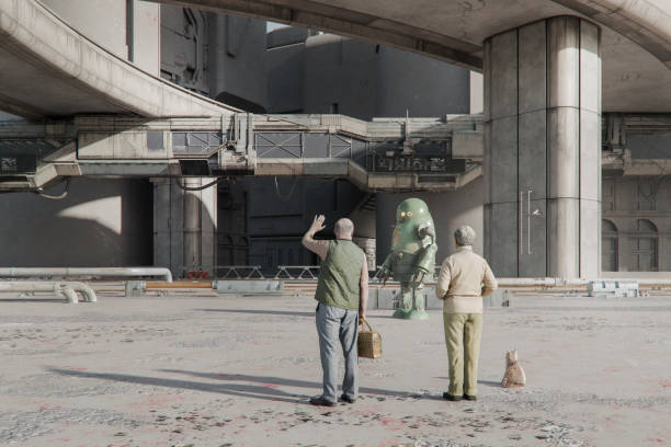 Funny senior couple greeting an old robot walking in futuristic city outskirts. 3D generated image.