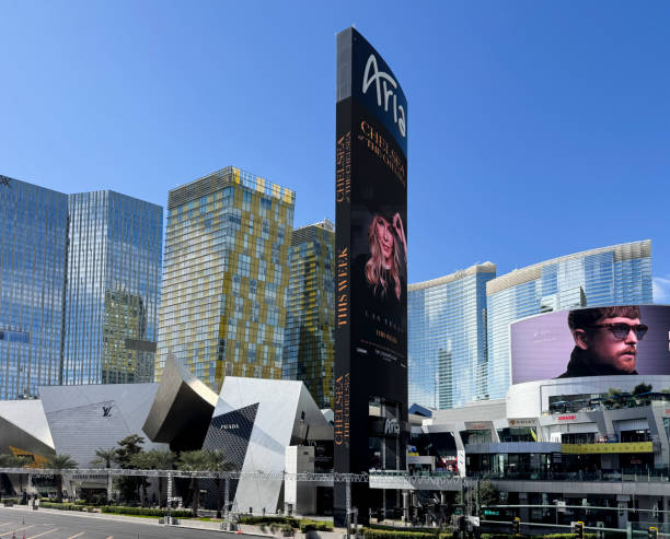 Las Vegas, NV - November 2, 2024: View of the Shops at Crystals luxury shopping mall with the Aria sign and hotel casino in the background.