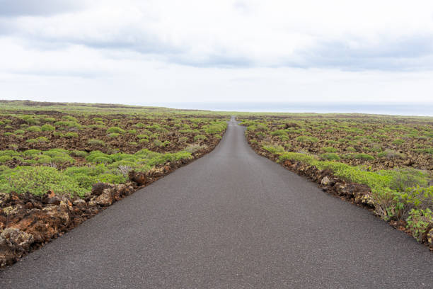 Barren volcanic road stretching across easter island's rocky terrain, converging with pacific ocean horizon