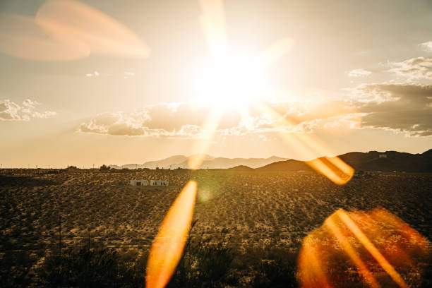 Sun setting over a vast desert landscape with lens flare effect in Joshua Tree, California, United States