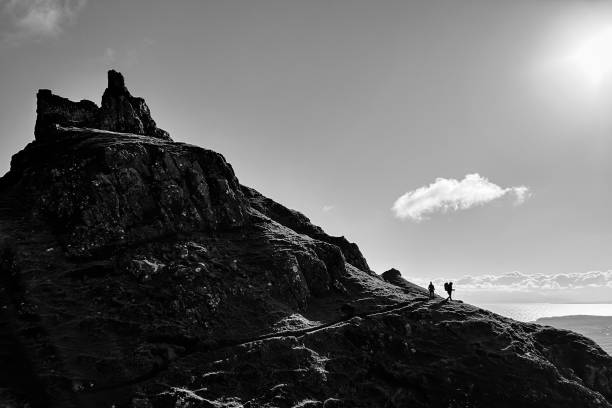 Black and White Silhouette of Two Hikers in Portree, Scotland, United Kingdom