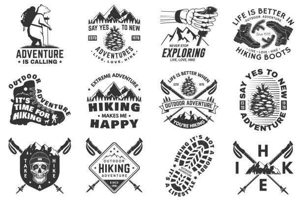 Set of hiking outdoor adventure emblems, logos, badges. Hiking related typographic quote. Design with human skeleton hand holding hiker pole, hiking boot, pine cone, mountains