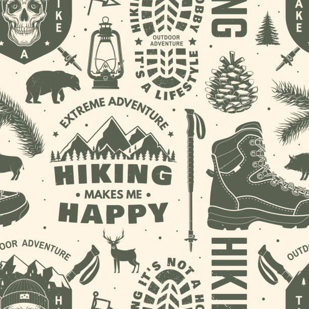 Hiking outdoor adventure seamless pattern with emblems, logos. Background, wallpaper, seamless pattern with human skull skeleton in hat, hiking boot, pine cone, hiker bear with backpack, mountains