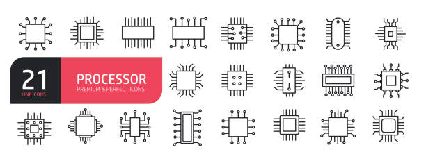 ilustrații de stoc cu set de pictograme de linie computer, procesor, cpu, microcip, electronic. colecția de pictograme contur. lovitură editabilă. ilustrație vectorială. ilustrație de stoc - cip
