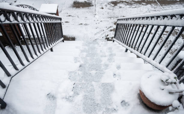 This is a photograph of an icy, snow covered front stoop with a metal railing viewed from the top of the steps on a winter morning in Brooklyn, NY.