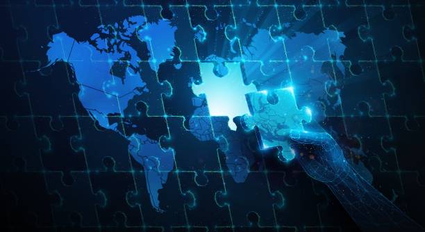 istock Lowpoly Hand Resolve Europe Crisis World Map Puzzle. Abstract geometric illustration on geopolitical synergy partnership, global crisis management politics concept by wireframe mesh on blue background 2197011254