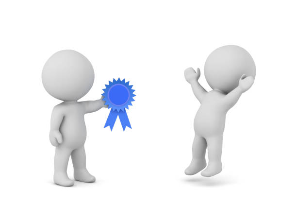A happy 3D guy is getting a blue ribbon. Image isolated on white background.