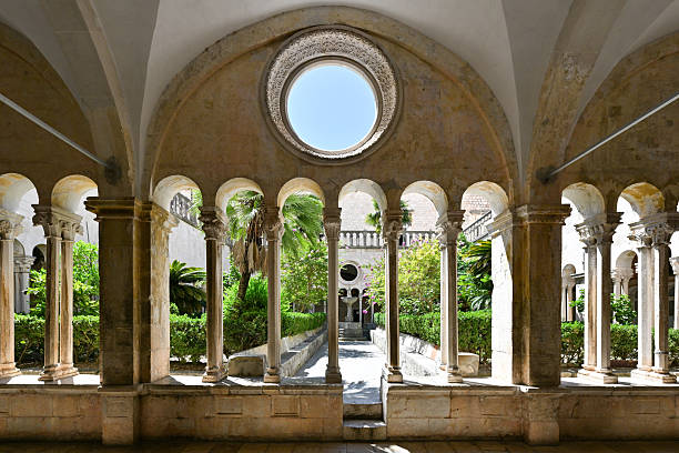 Beautiful view of historic courtyard Franciscan of the famous Church and Monastery in Dubrovnik, Dalmatia region, Croatia