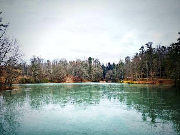 Pond in Winter with Melting Ice in a Wooded Area