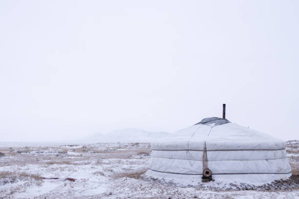 A traditional Mongolian yurt stands alone in a vast, snow-covered landscape under an overcast sky. The minimalistic scene highlights the nomadic lifestyle, resilience, and beauty of remote winter wilderness
