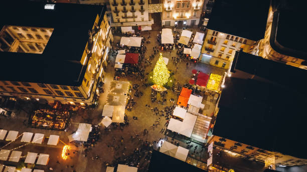 istock Bird's-eye view of town piazza, at night 2197031805