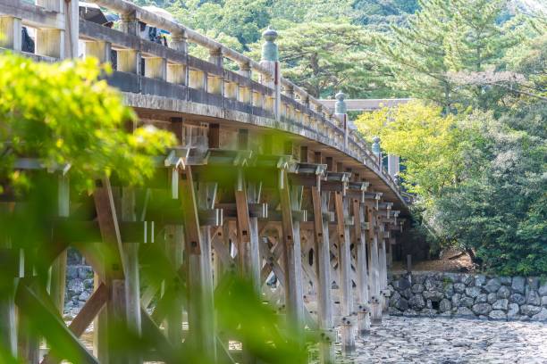istock Traditional wooden bridge amidst lush greenery. 2197032322