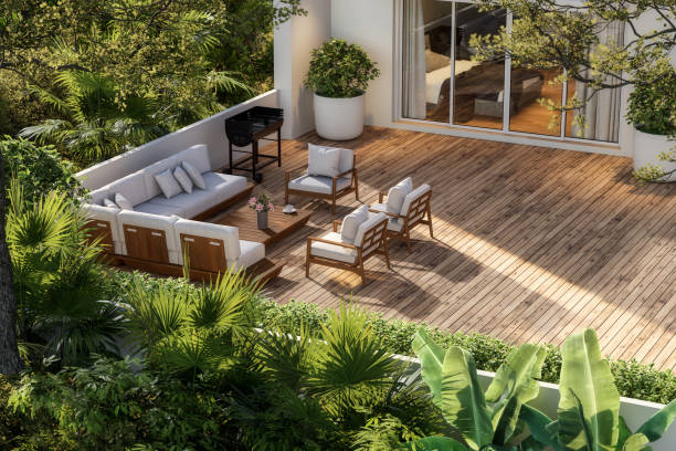 istock Modern contemporary large wooden terrace surrounded by lush forest 3d render 2197039116