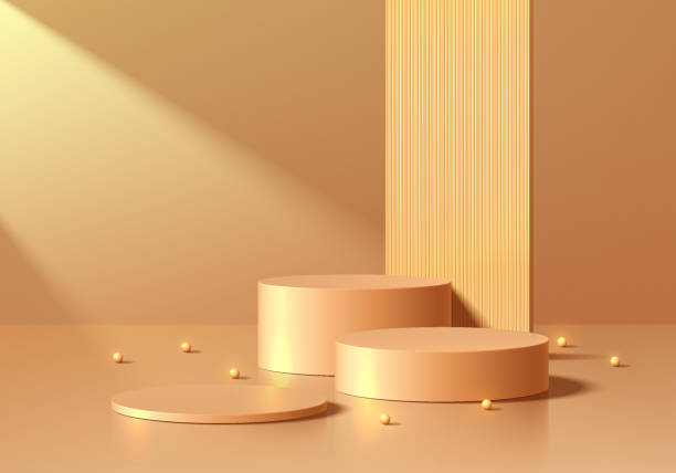 istock 3D golden round podium set background with ball beads and partition. Abstract geometric composition in minimalist design. Studio display showroom product pedestal, Fashion stage showcase mockup scene. 2197039446
