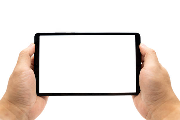 istock Hand holding Blank screen tablet. Digital tablet with isolated screen in male hands. digital tablet with empty display. Copy space and clipping Path. Isolated on white background. 2197040239