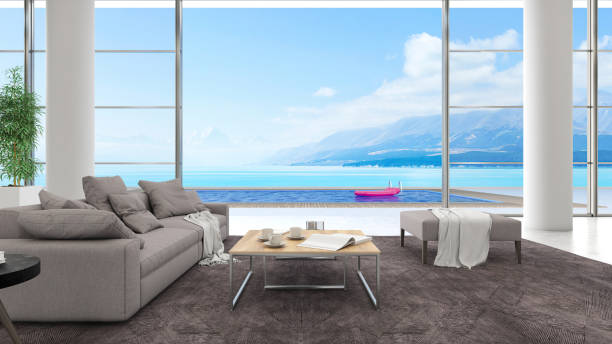 istock Modern Living Room with a Pool and Ocean View 2197042244