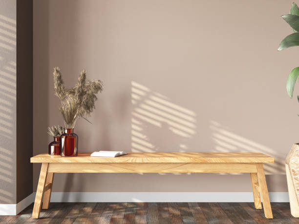 Wooden Bench with Home Accessories and Empty Beige Wall