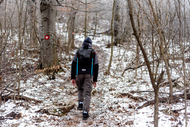 istock Hiker walking on snowy forest trail during winter with backpack 2197045772
