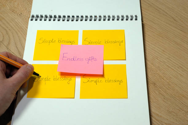 istock A yellow spiral bound notebook with a pink sticky note on it and yellow sticky notes. Simple blessing, endless gifts. 2197050899