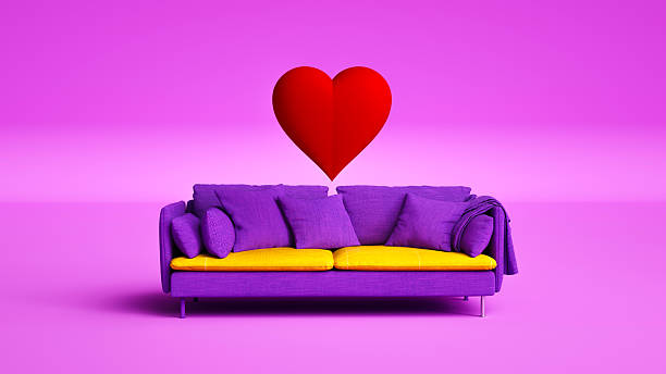 Cartoon heart with arms and legs siting in chair in room. Heart health. Heart attack disease. Valentine's Day. Valentine poster. Background with copyspace. 3d render, 3d illustration.