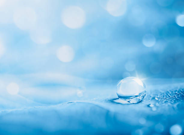 istock Transparent sparkling large drop of water on a blue background with unfocused lights. Copy space 2197054677