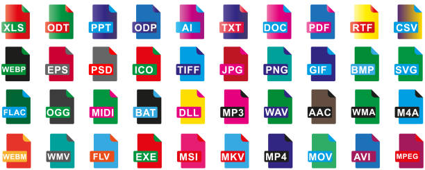 File icon vector set, diverse file formats including text, document, image, audio, video, and executable icons File icon vector set, diverse file formats including text, document, image, audio, video, and executable icons. Modern, versatile collection for designers, marketers, developers, tech professionals odt stock illustrations