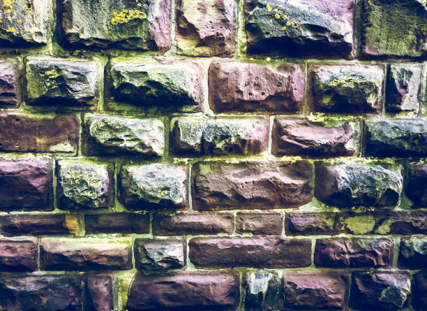Wall made of stone with moss growing on it. The wall is brown and gray. The moss is green and yellow