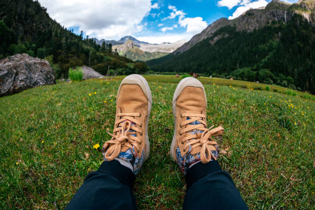 istock Hiker legs wearing leather boots on beautiful flowering grassland 2197061641