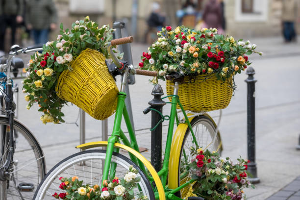 istock .two bicycles decorated with flowers and placed on the sidewalk. 2197062201