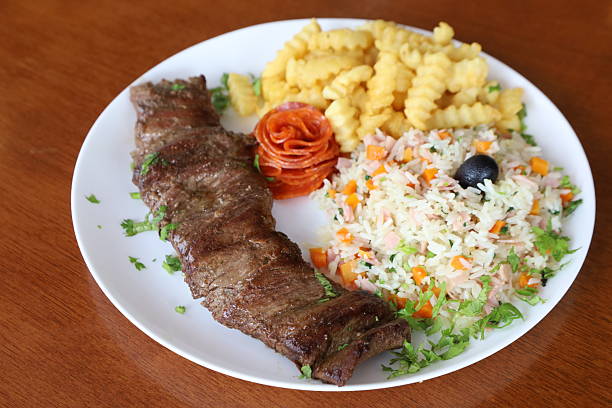 istock steak, seasoned rice and fries 2197070514
