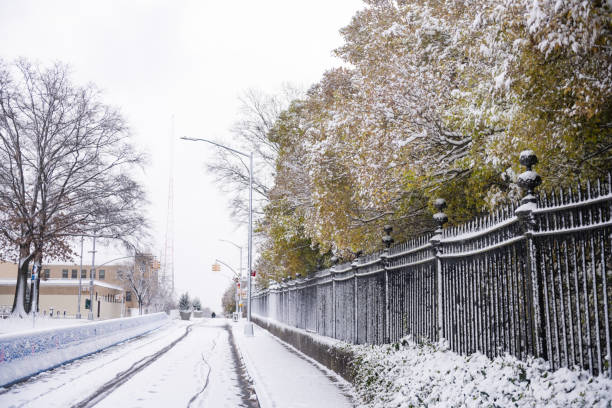 This is a wide angle photograph of a snow covered sidewalk and bike path along a fence with trees in Brooklyn, NY.