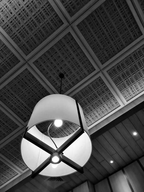 A black and white photograph showcasing a contemporary pendant light fixture suspended from a geometrically patterned ceiling. The lamp features a round, fabric-covered shade with a black cross design, illuminated by two exposed bulbs. The ceiling is composed of square panels with a woven or textured surface, creating a subtle grid pattern. The image captures a low-angle view, emphasizing the architectural details and the minimalist aesthetic of the interior design. The monochromatic palette highlights the interplay of light and shadow, adding depth and texture to the composition. This image is suitable for themes related to modern interior design, lighting solutions, architectural details, minimalism, and contemporary aesthetics.