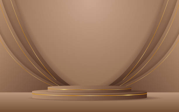 istock Brown podium with brown curved border and elegant gold lines on the back for product presentation 2197088947