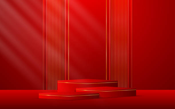 istock Multi-layered red podium with red stripes with elegant gold lines on the back for product presentation 2197088951
