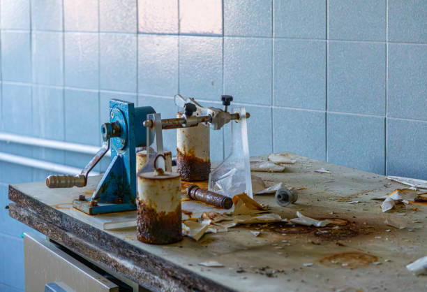 istock old tools in an abandoned chemical laboratory. rusty weights. dirty laboratory work table. 2197102224