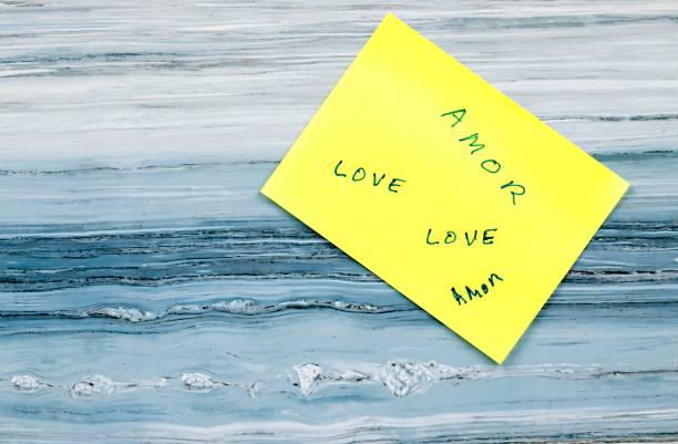 istock Yellow note with multiple love and amor words written 2197103493
