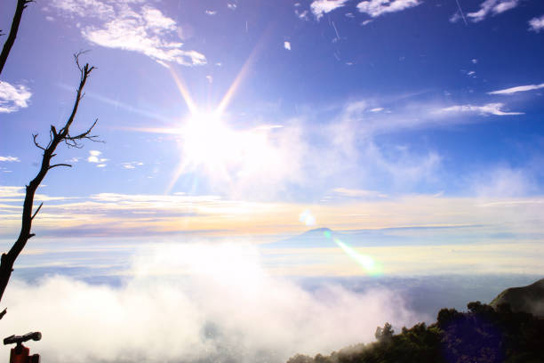 beautiful sunset at mauna kea volcano. haleakala volcano seen at horizon. hawaii islands, usa.