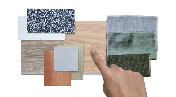 istock interior architect chooses material samples contains green and grey draperies, wooden spc vinyl flooring tiles, wooden veneers, terrazzo, quartz stones. 2197106717