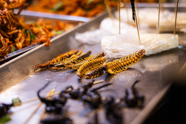 Mixed fried Asias insects including crickets, grasshoppers, silkworms and frogs, served crispy and golden, a popular street food delicacy in Bangkok - Thailand.